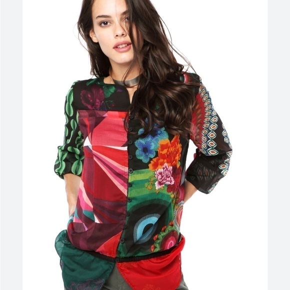 Desigual multi print sheer long sleeve top - Picture 1 of 9